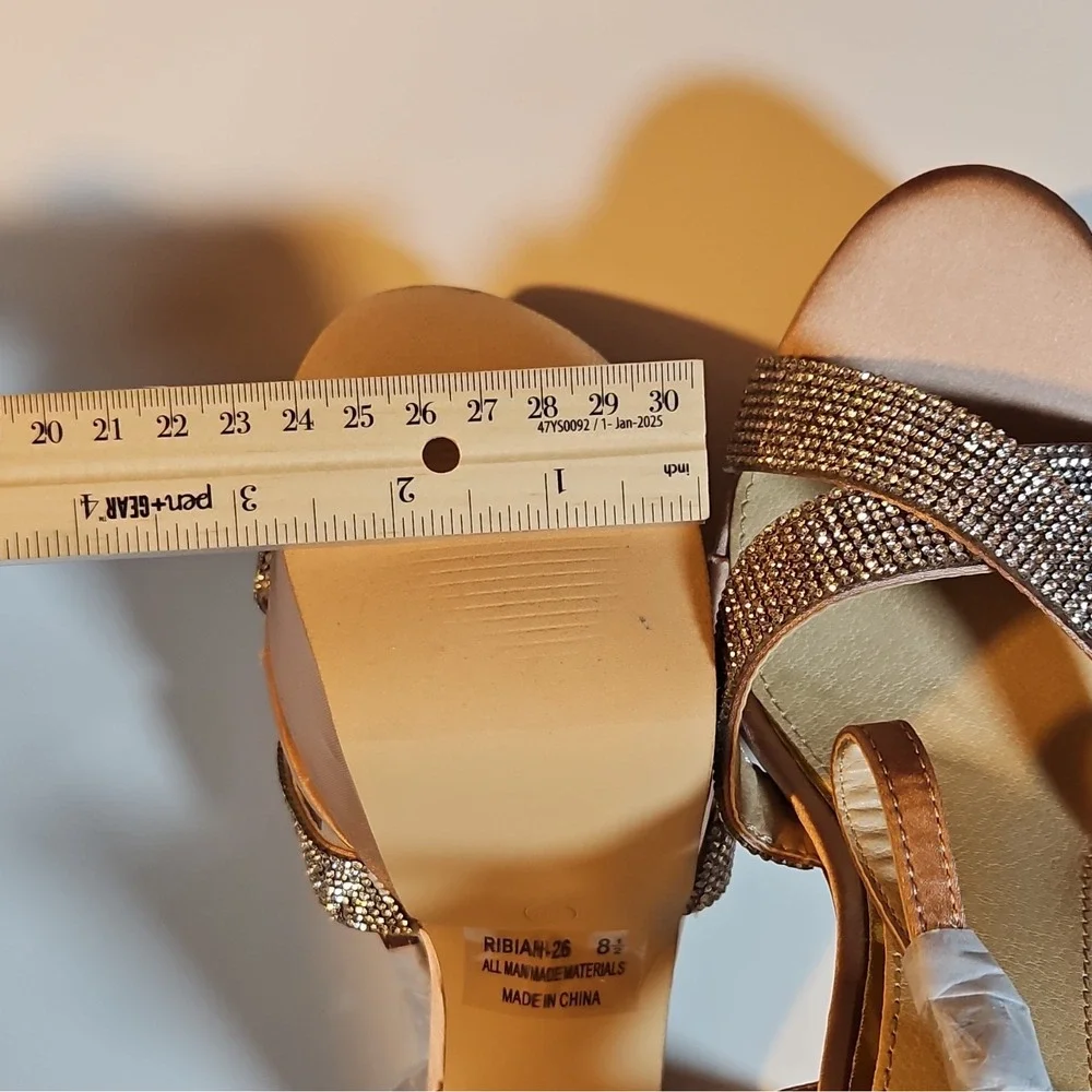 Cathy Jean Champagne Synthetic Rhinestone Strappy Platform Stiletto Open Toe 8.5